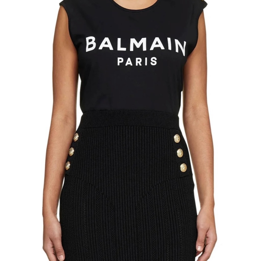 Balmain Black Sleeveless Top Silver lettering and gold buttons EUC